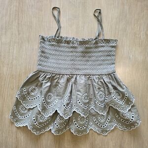 BLENCA Smocked Eyelet Tank | Taupe Embroidered Babydoll Top | Size L